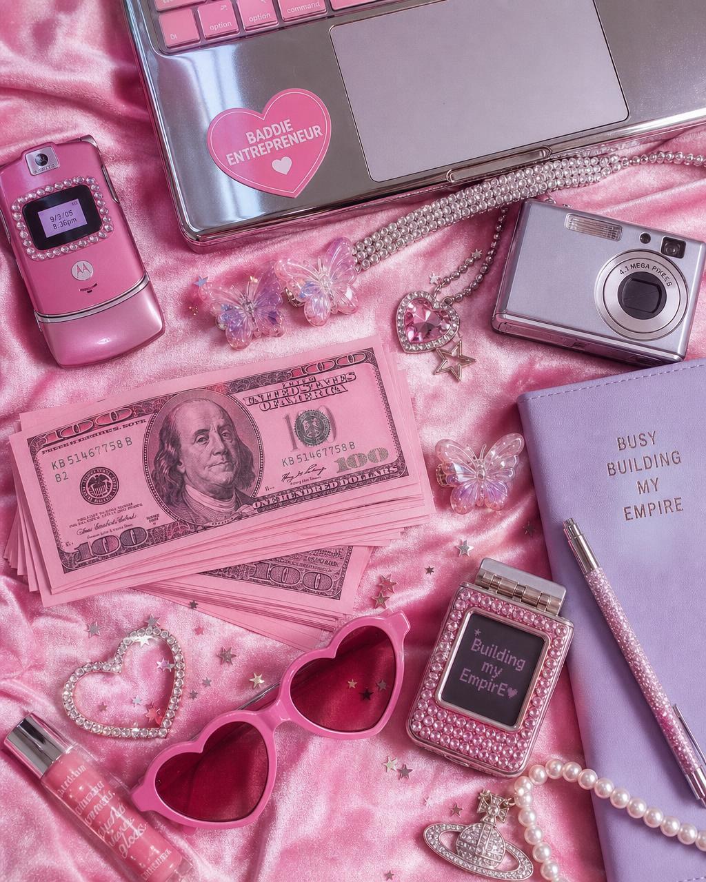Y2K baddie entrepreneur with pink money and retro tech